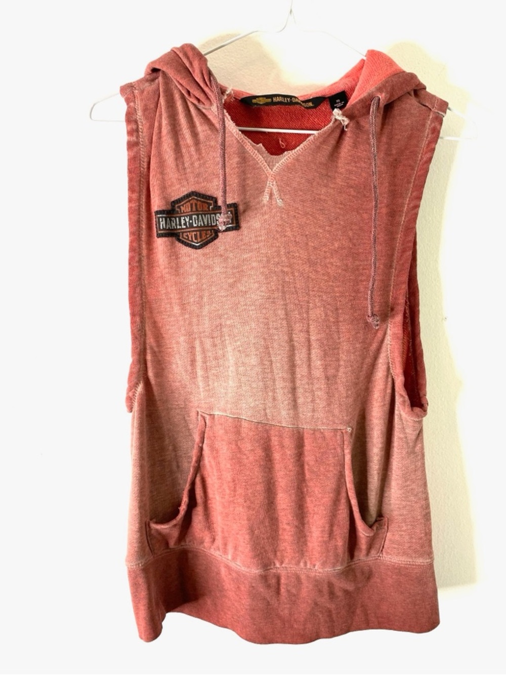 Harley-Davidson Coral Red Vintage Wash Sleeveless Hoodie Studded Logo Pullover